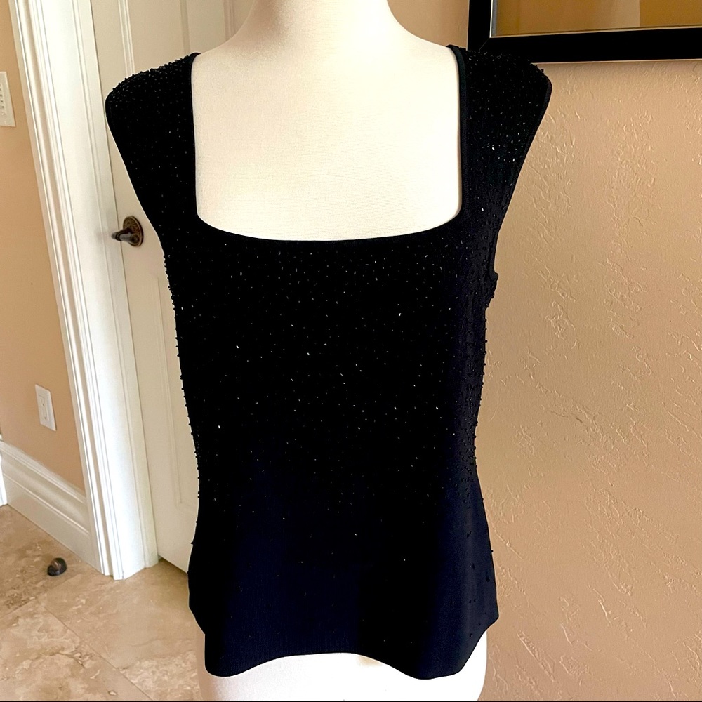 Evening black knit beaded square neck sparkly top